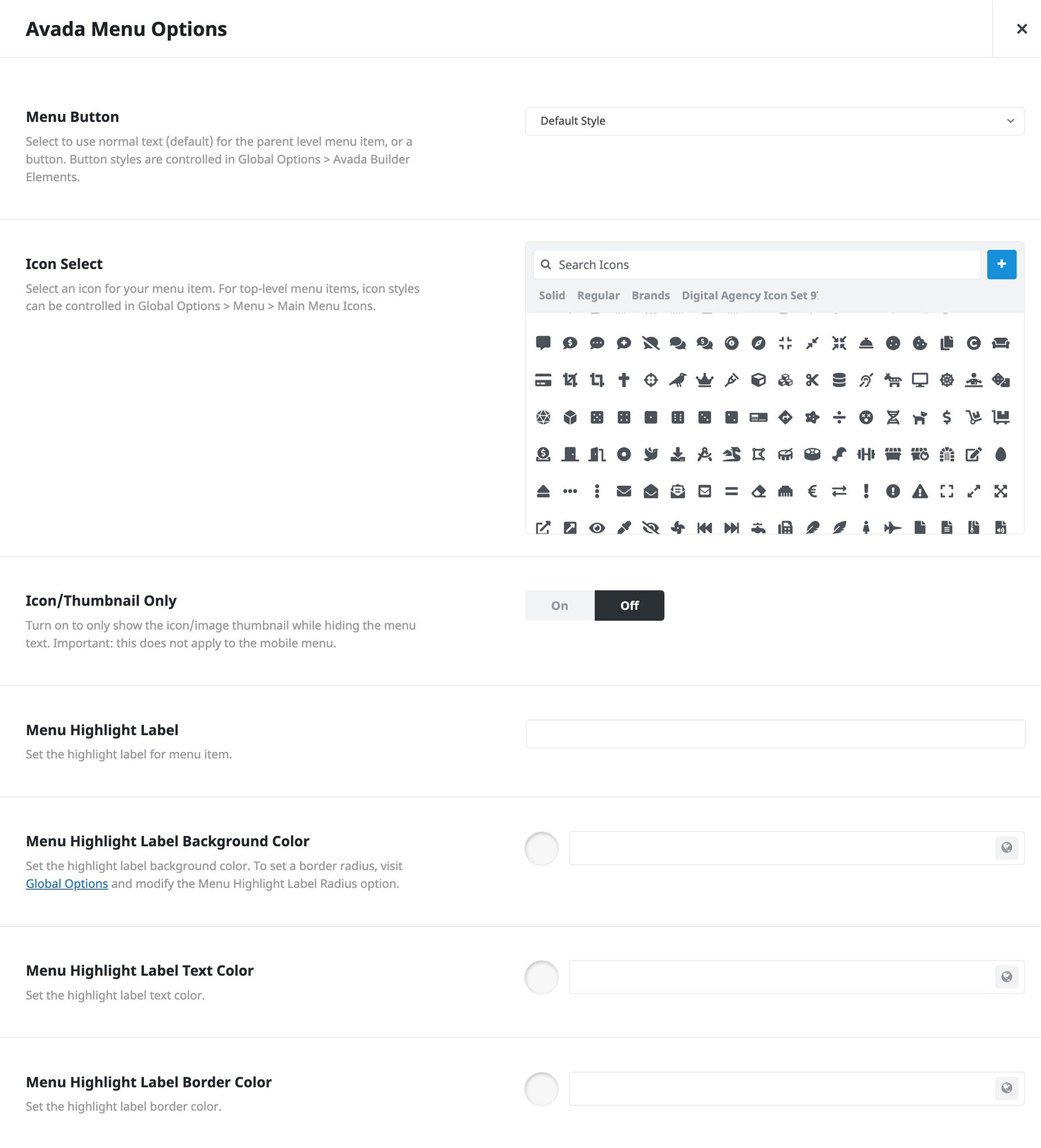 Avada Special Menu Items > Log Out > Menu Options