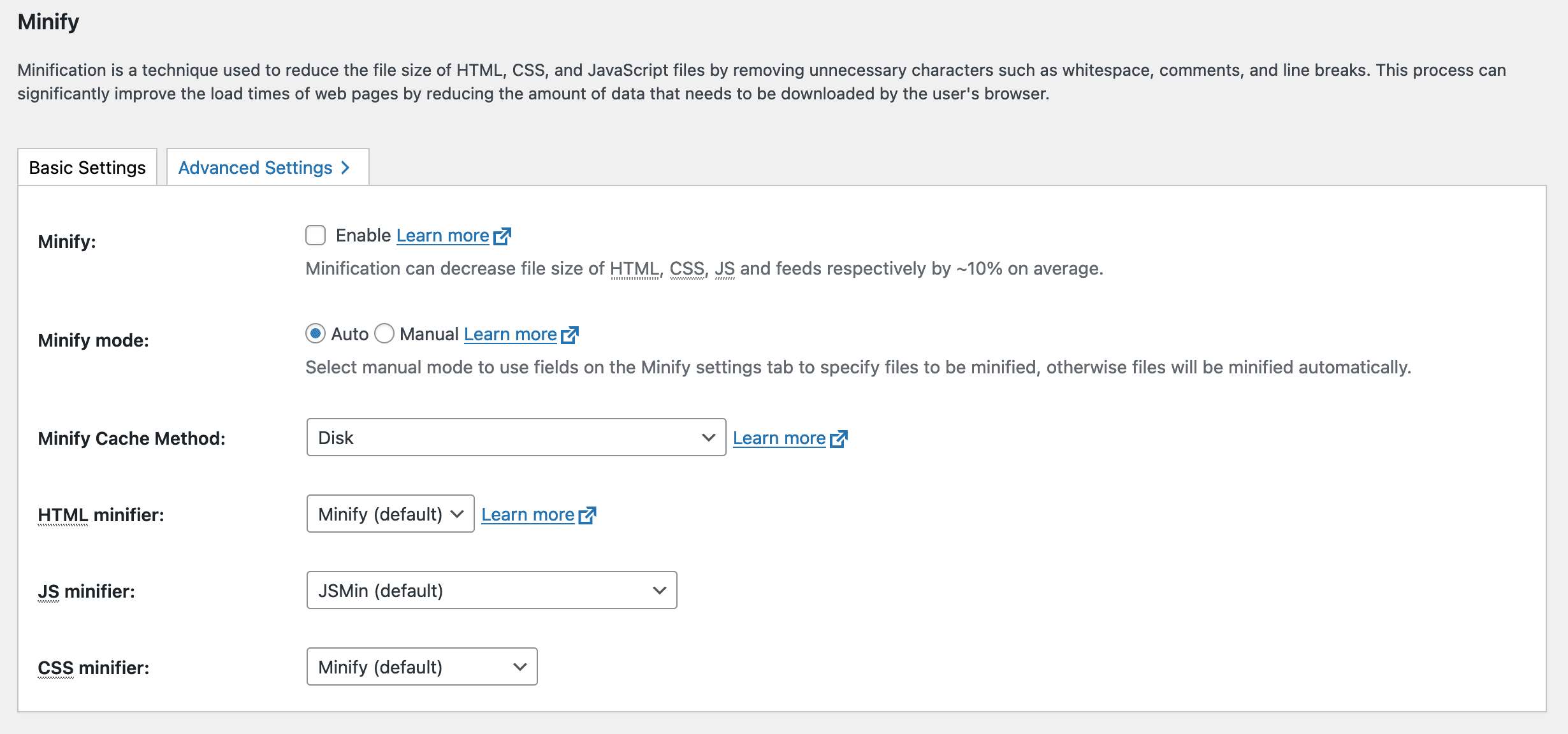Minify Basic Settings