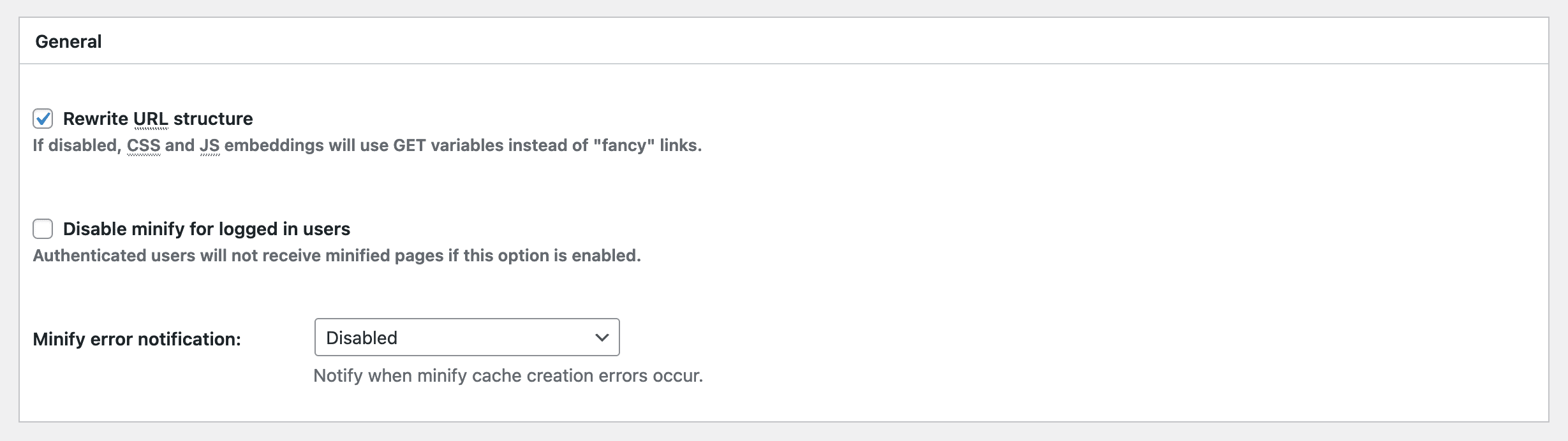 General Minify Settings