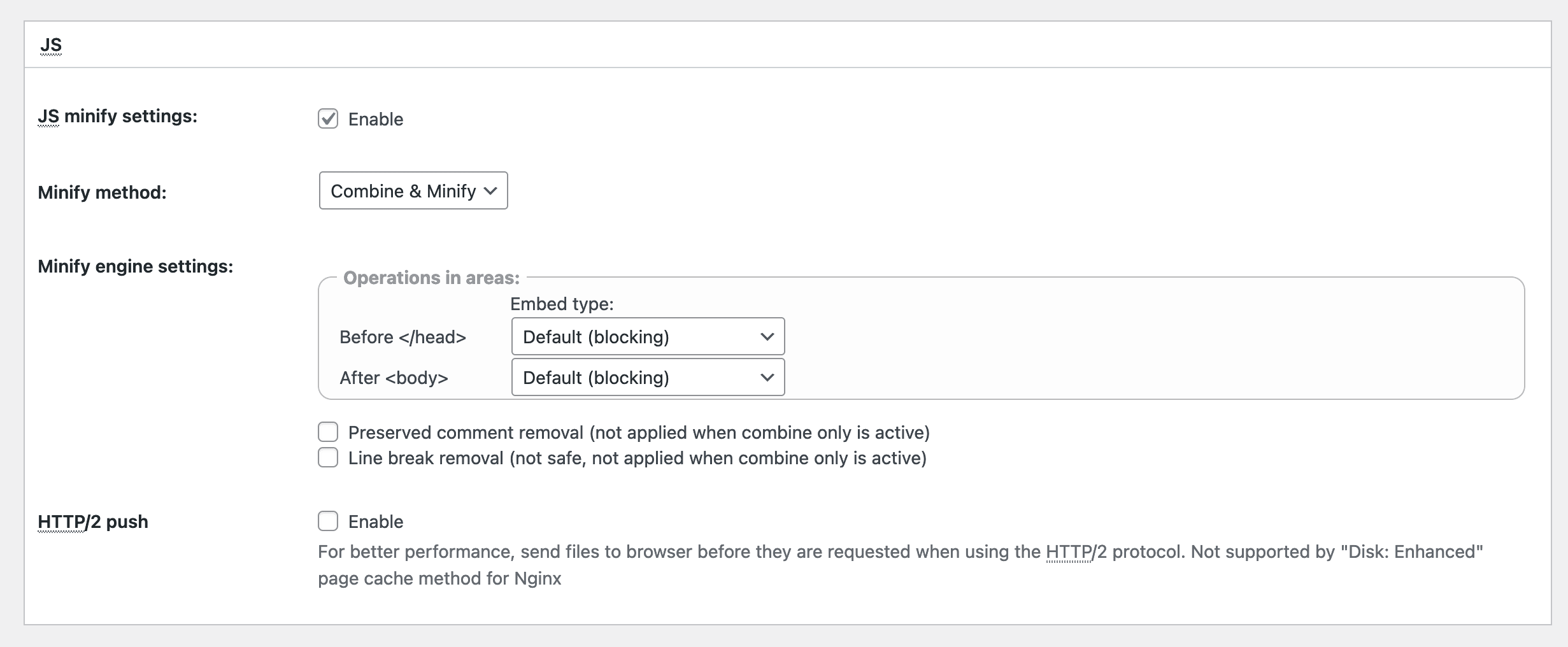 Minify JS Settings