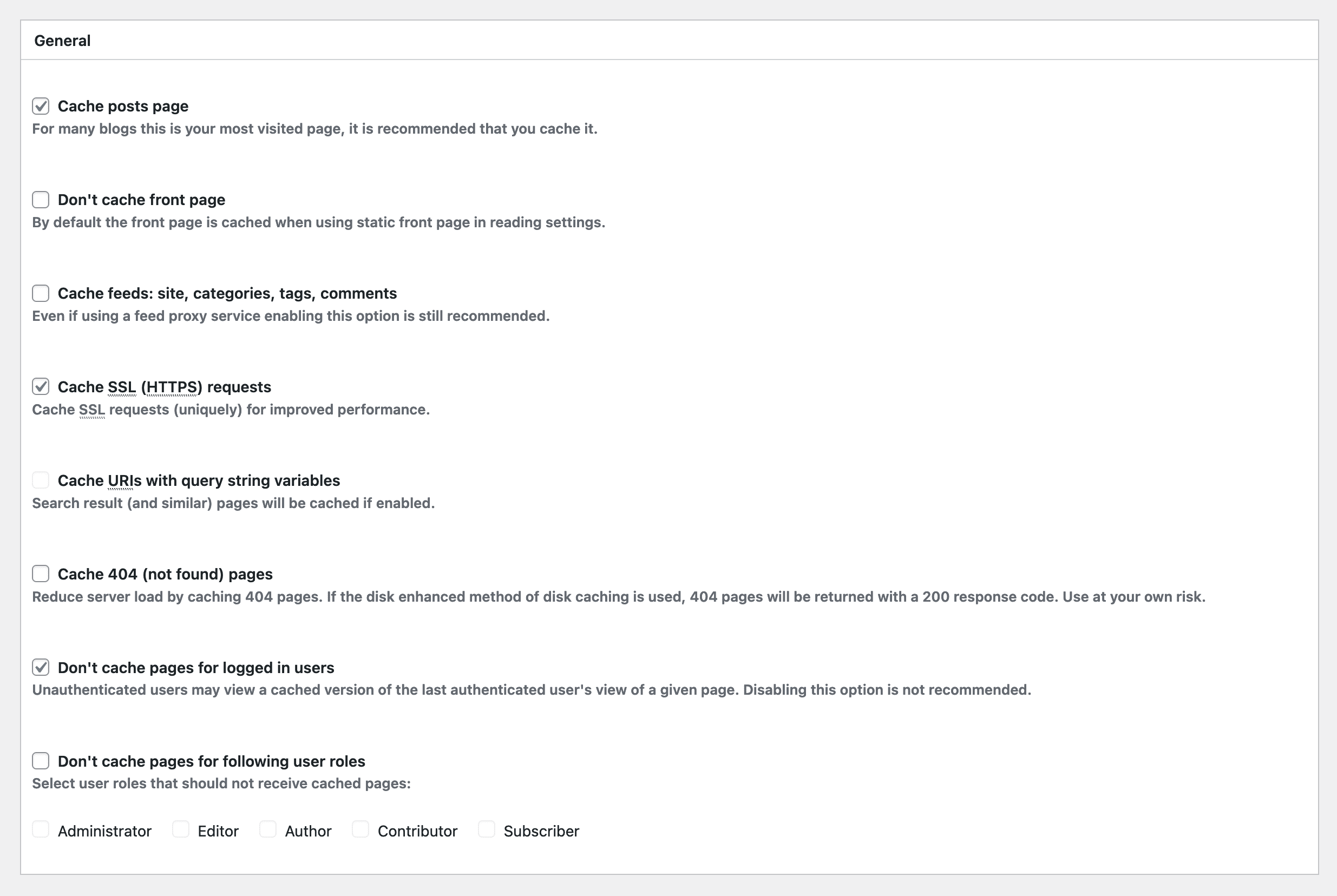 General Cache Settings