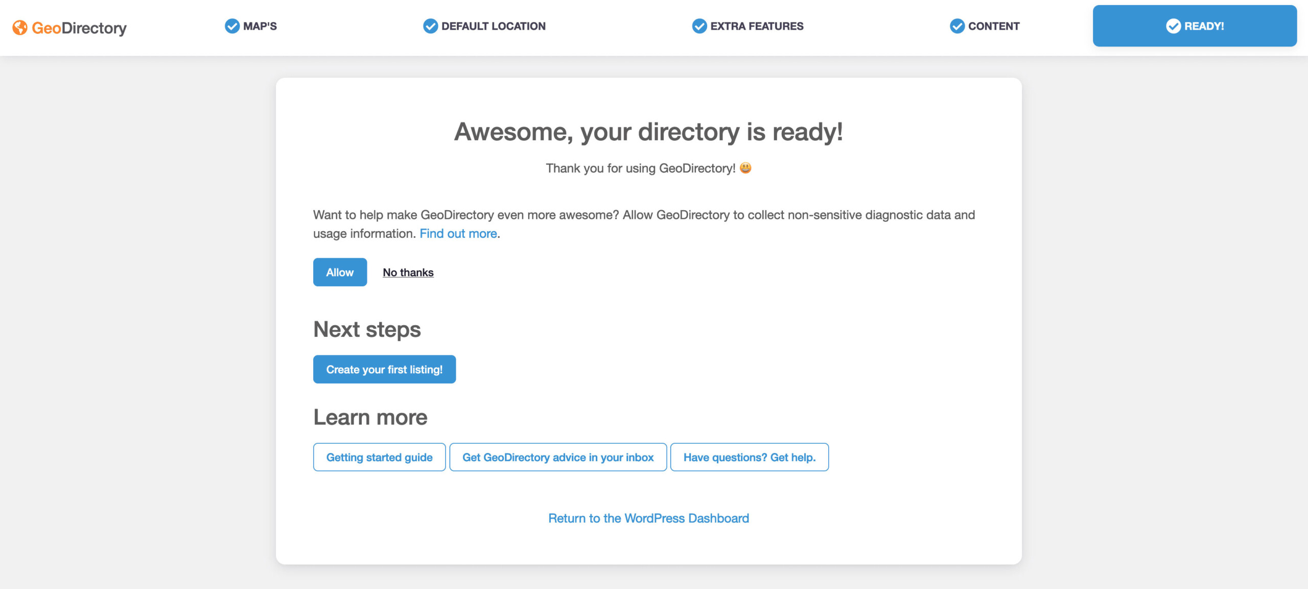 GeoDirectory Wizard Final Screen